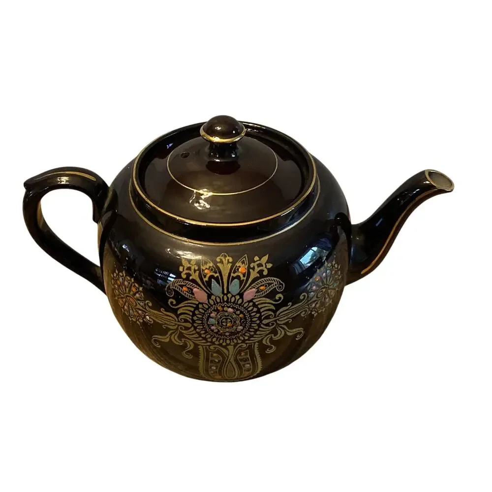 Antique 1928 Gibson & Sons Marina Art Deco Teapot Black Gold Burslem England
